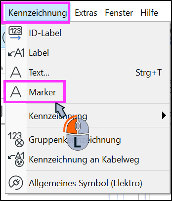Deutsche DDScad-Menüleiste mit geöffnetem Menü „Kennzeichnung“, in dem der Befehl „Marker“ mit Mauszeiger hervorgehoben ist, um die Auswahl dieses Beschriftungswerkzeugs zu zeigen.