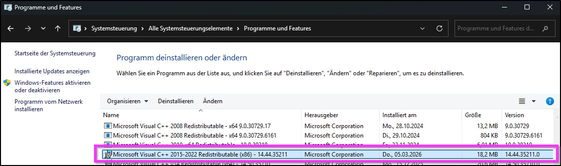 Windows-Systemsteuerung „Programme und Features“ im dunklen Design mit markiertem Eintrag „Microsoft Visual C++ 2015–2022 Redistributable (x86) – 14.44.35211“ in pinkem Rahmen, inklusive Spalten zu Herausgeber, Installationsdatum, Größe und Versionsnummer.