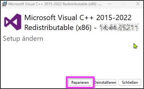 Installationsfenster von „Microsoft Visual C++ 2015–2022 Redistributable (x86)“ unter Windows mit hervorgehobener Schaltfläche „Reparieren“, daneben „Deinstallieren“ und „Schließen“.