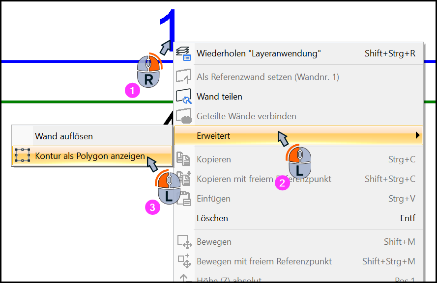 Geöffnetes Kontextmenü mit dem Eintrag Erweitert und Kontur als Polygon anzeigen