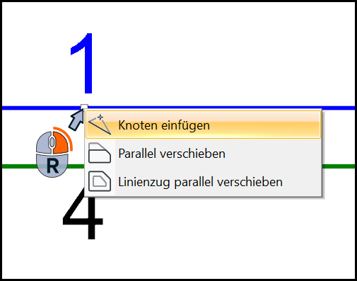 Kontextmenü am weißen Griff mit Optionen Knoten einfügen, Linie parallel verschieben und Linienzug parallel verschieben