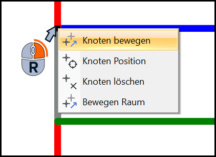 Kontextmenü am schwarzen Griff mit Optionen Knoten bewegen, Knoten Position, Knoten löschen und Bewegen Raum