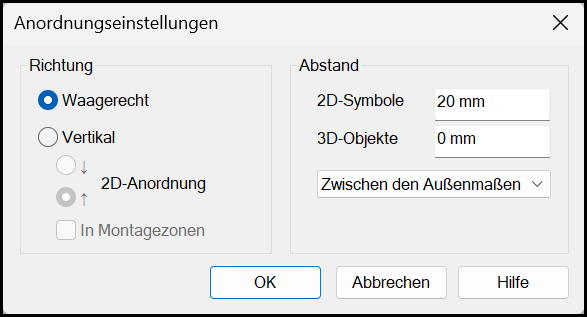 Dialog Einstellung für Anordnung mit horizontaler Anordnung