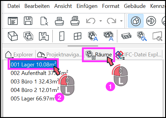 Raum über Suche oder Fenster Räume markieren