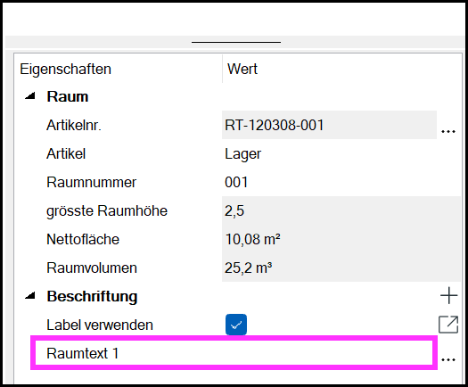 Neues Beschriftungsfeld für Raum im Eigenschaftsfenster ausfüllen