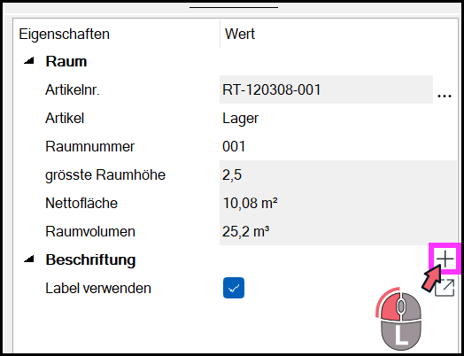 Plus-Schaltfläche bei Beschriftung im Eigenschaftsfenster wählen