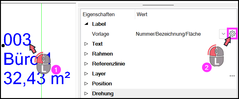 Zahnrad bei Label Vorlage im Eigenschaftsfenster öffnen