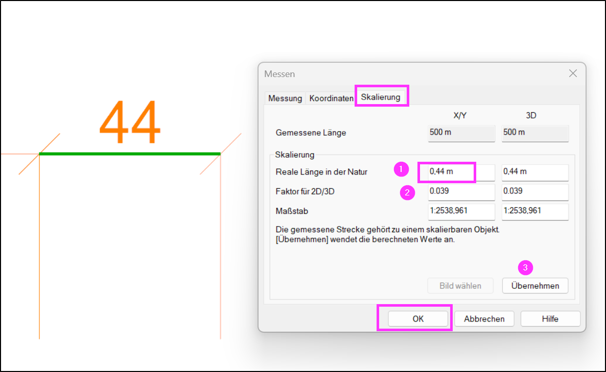 Dialog Skalieren mit Eingabe des realen Maßes und Faktor für 2D/3D in DDScad.