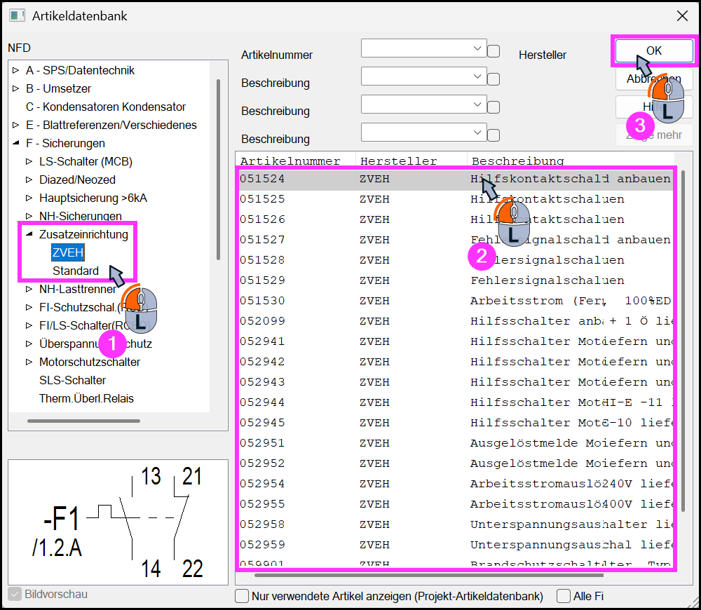 Artikeldatenbank mit Auswahl aus dem Bereich Zusatzeinrichtung