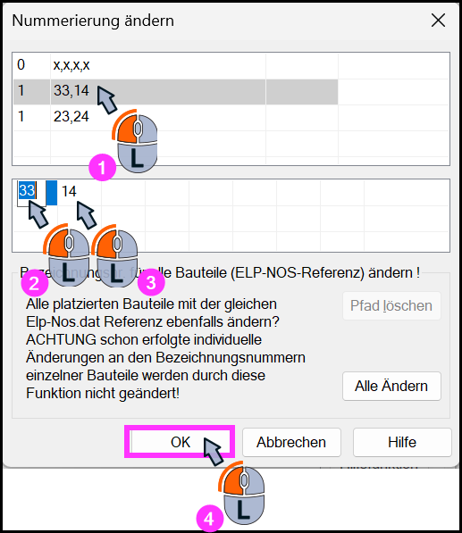 Dialog Nummerierung ändern mit markiertem Kontakt und Eingabefeld für neue Nummer