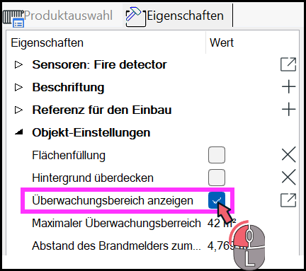 Option Überwachungsbereich anzeigen im Eigenschaften-Dialog.