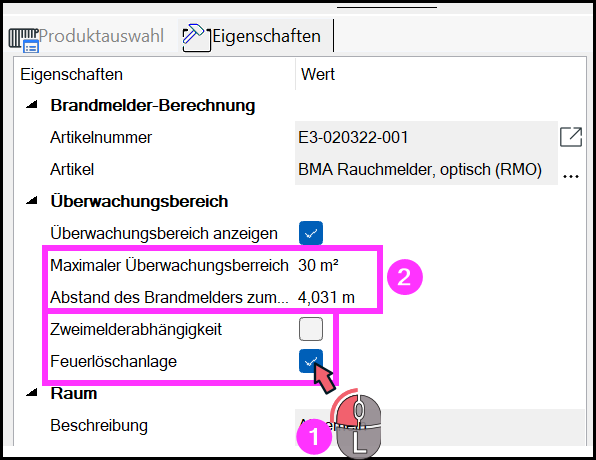 Eigenschaften-Dialog mit veränderten Werten für die automatische Platzierung der Melder.