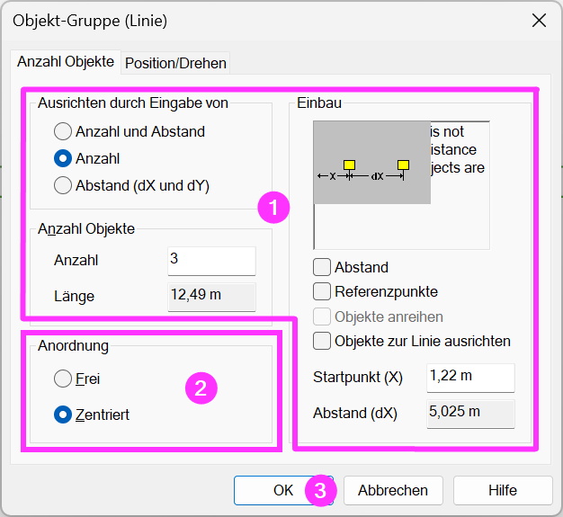 Einstellungen für Anzahl und Position der Objekte in DDScad Dialog