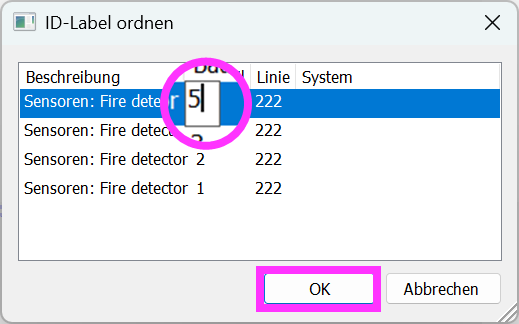 Dialog mit Schaltfläche OK zur Bestätigung der Nummernänderung