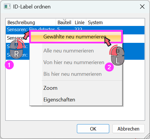 Kontextmenü mit Befehl Gewählte neu nummerieren