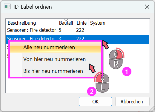 Dialog mit weiteren Optionen für die automatische Nummerierung wie Alle neu nummerieren