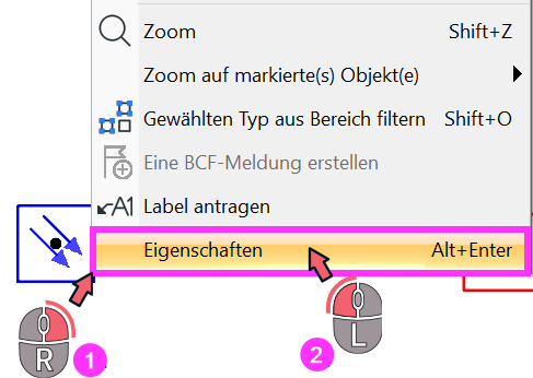 Kontextmenü mit Auswahl Eigenschaften für markierte Objekte