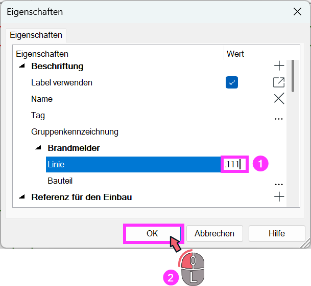 Eigenschaftsfenster mit neu eingegebener Liniennummer und Nummerierung der Arbeitsmodell und 2. Bestätigung mit der Maus durch Klick auf OK