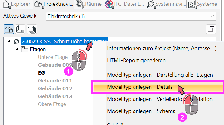 Kontextmenü im Projektnavigator mit Modelltyp anlegen Details.