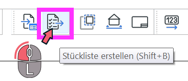 Werkzeug Stückliste erstellen in der Benutzeroberfläche